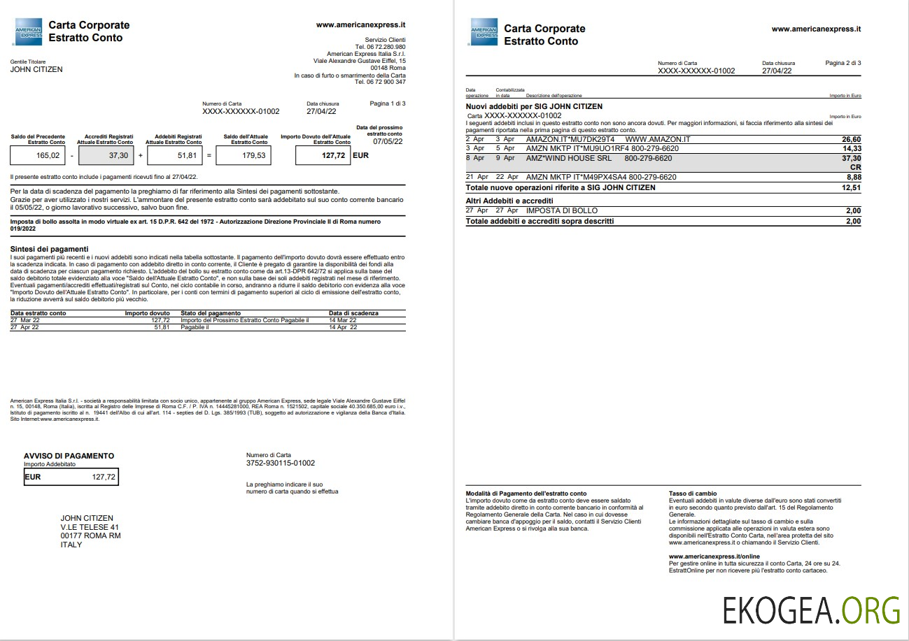 Relevé de carte American Express Amex Italie 3 pages